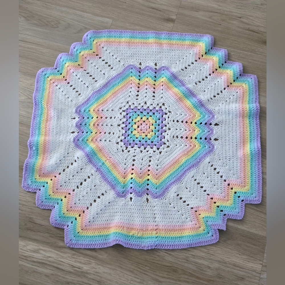 Handmade Crochet Baby Blanket with Pastel Rainbow Accents